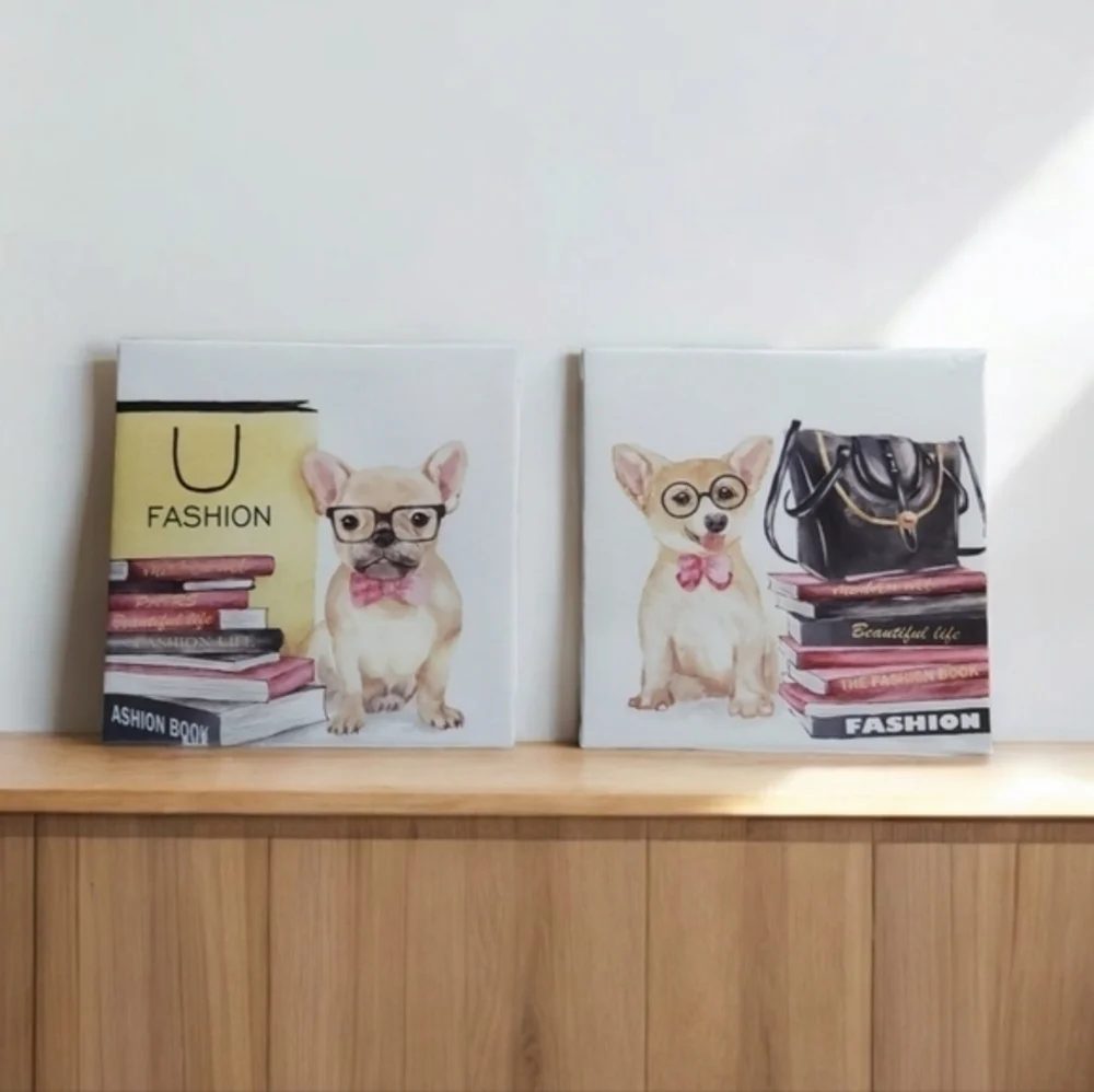 Animal Wall Art Canvas Fashion Book Corgi  French Bull Dog Glam Home Décor 7 × 7
